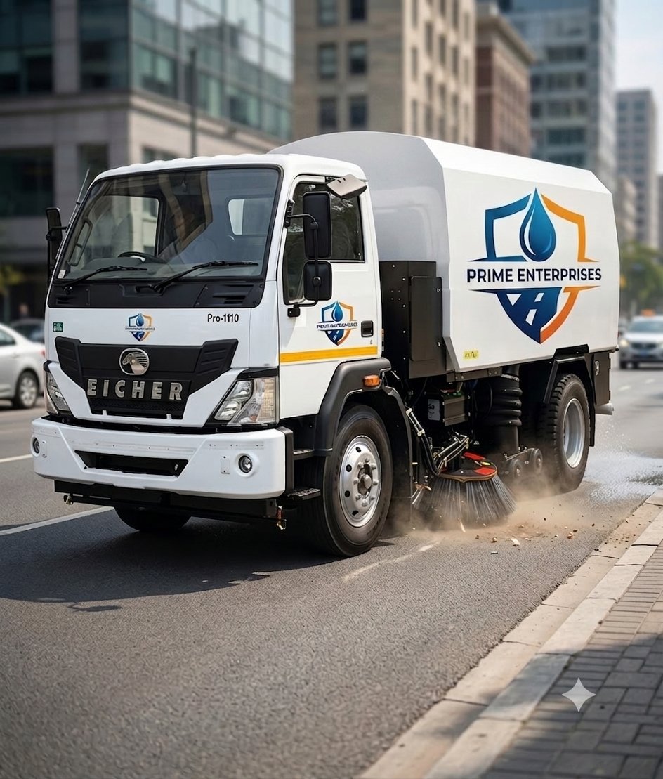 Prime Enterprises truck-mounted road sweeper cleaning a city street