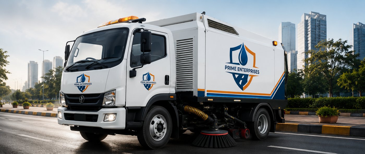 Compact truck-mounted road sweeping machine